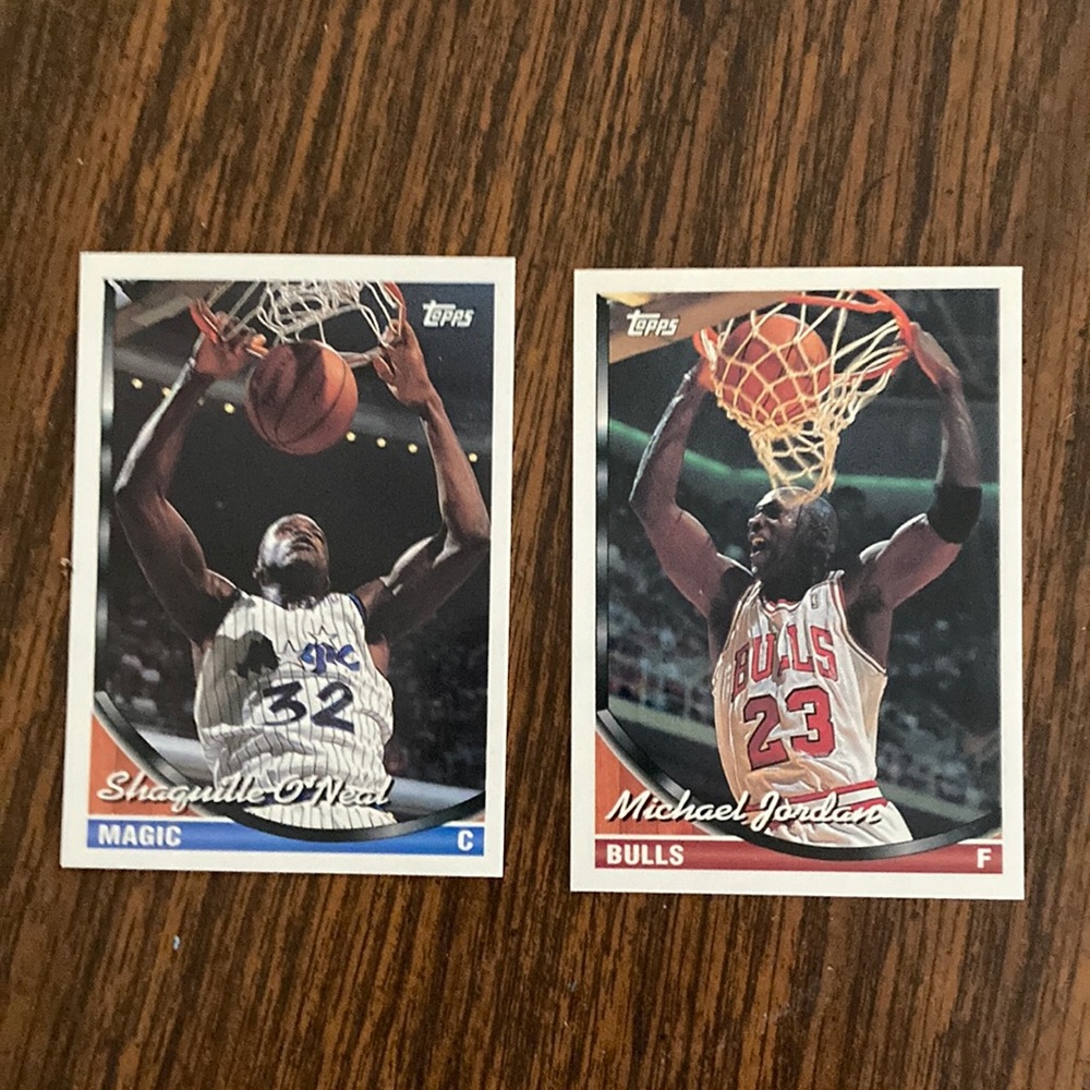 Topps basketball cards, Shaquille O’Neal and Michael Jordan
